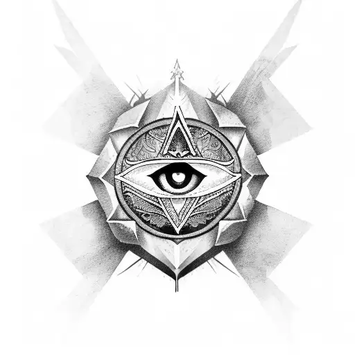 A blackwork tattoo of the Assassin's Creed insignia combined with the evil eye symbol tattoo design idea