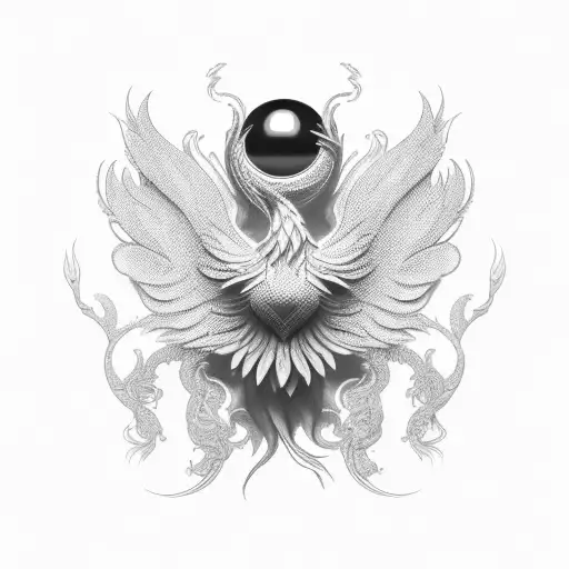 An intricately detailed phoenix holding an eight ball tattoo design idea