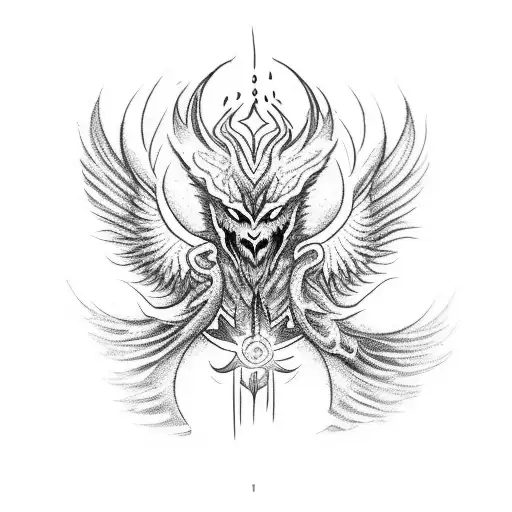 Create a dotwork tattoo of an assassin surrounded by fiery phoenix wings, symbolizing transformation and power tattoo design idea