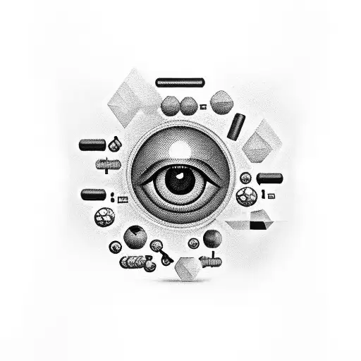 A black-grey tattoo depicting a pharmaceutical laboratory set in a gaming landscape, with billiard balls forming a border and an evil eye symbol at the center. tattoo design idea