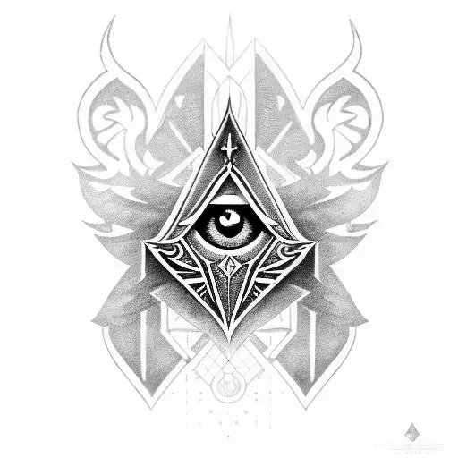 A blackwork tattoo of the Assassin's Creed insignia combined with the evil eye symbol tattoo design idea