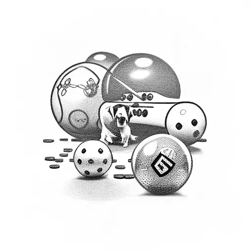 A beagle playing billiards with pharmaceutical symbols as balls tattoo design idea