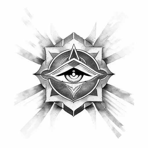 A blackwork tattoo of the Assassin's Creed insignia combined with the evil eye symbol tattoo design idea
