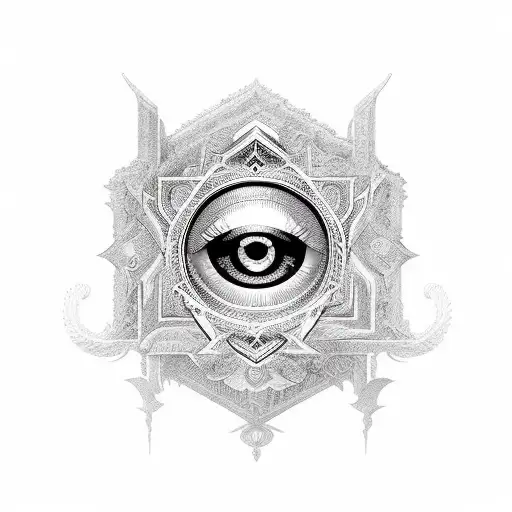 An intricate blackwork design of the Evil Eye symbol surrounded by hidden Assassin's Creed symbols tattoo design idea