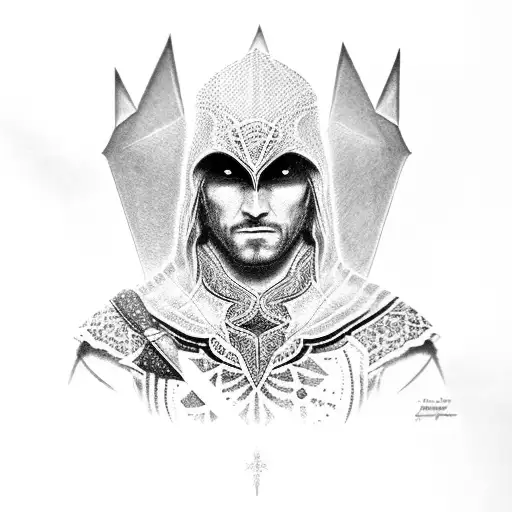 A dotwork portrait of Ezio Auditore from Assassin's Creed tattoo design idea