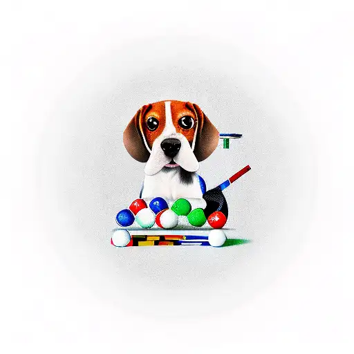 A beagle playing billiards with pharmaceutical symbols as balls tattoo design idea