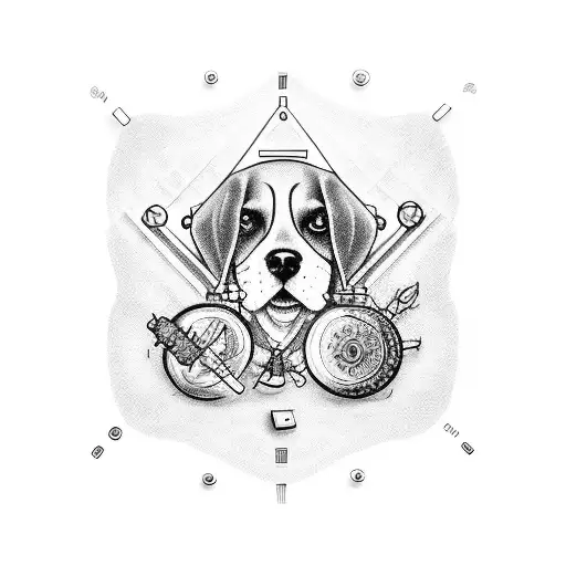 Beagle playing with pharmaceutical symbols tattoo design idea