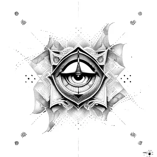 A dotwork design featuring the iconic Assassin's Creed hooded figure with an evil eye incorporated tattoo design idea