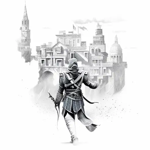 Pharmaceutical ingredients forming a scene from an Assassin's Creed game tattoo design idea