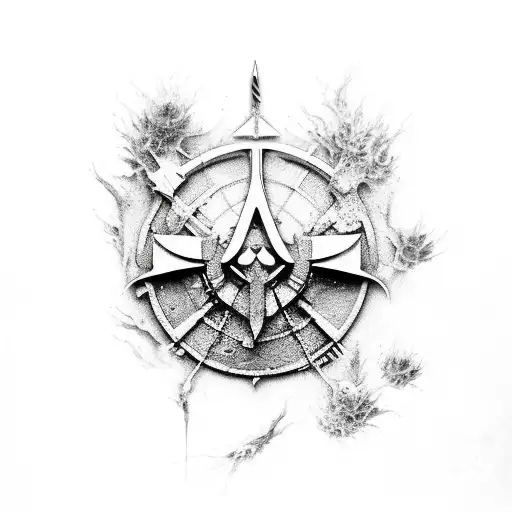 Pharmaceutical ingredients forming a scene from an Assassin's Creed game tattoo design idea