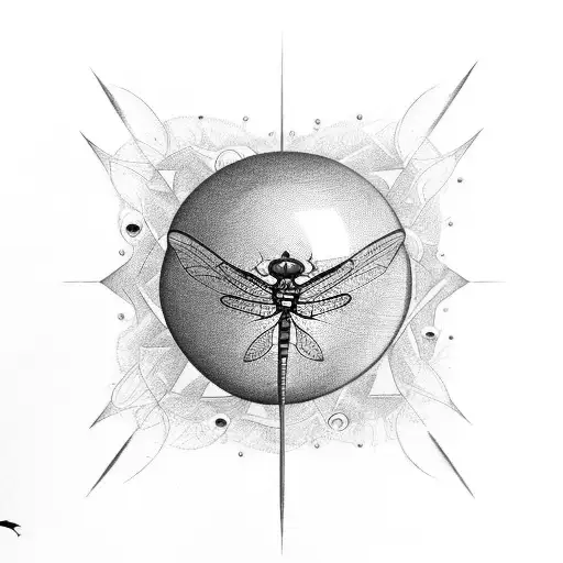 A billiard ball transforming into a dragonfly with the evil eye as its core tattoo design idea