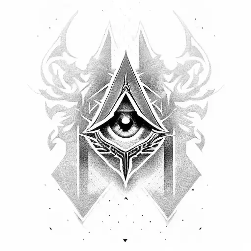 A blackwork tattoo of the Assassin's Creed insignia combined with the evil eye symbol tattoo design idea