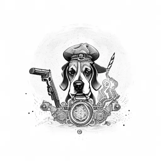 A beagle wearing an Uncharted treasure hunter hat tattoo design idea