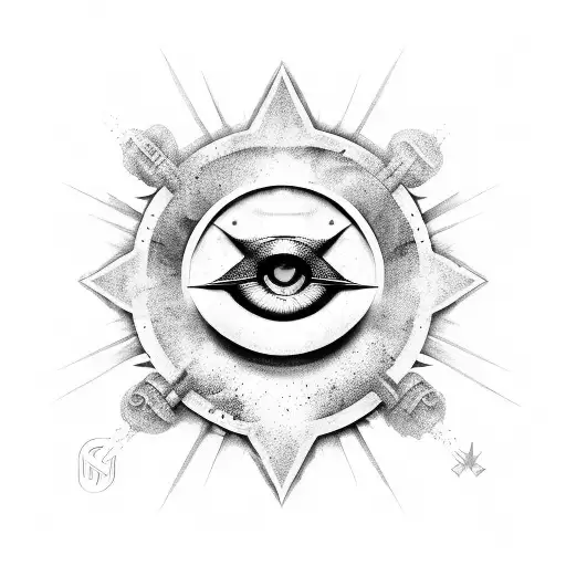 An evil eye design inspired by Assassin's Creed symbols in black-grey style tattoo design idea