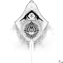 A dotwork design featuring the iconic Assassin's Creed hooded figure with an evil eye incorporated tattoo design idea