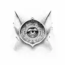 A dotwork design featuring the iconic Assassin's Creed hooded figure with an evil eye incorporated tattoo design idea