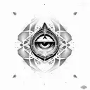 A dotwork design featuring the iconic Assassin's Creed hooded figure with an evil eye incorporated tattoo design idea