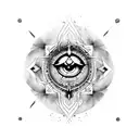 A dotwork design featuring the iconic Assassin's Creed hooded figure with an evil eye incorporated tattoo design idea