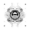 A dotwork design featuring the iconic Assassin's Creed hooded figure with an evil eye incorporated tattoo design idea