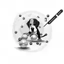 A beagle playing billiards with pharmaceutical symbols as balls tattoo design idea