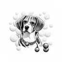 A beagle playing billiards with pharmaceutical symbols as balls tattoo design idea