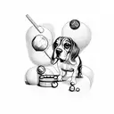 A beagle playing billiards with pharmaceutical symbols as balls tattoo design idea