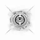 Evil eye incorporated into a futuristic pharmaceutical logo tattoo design idea