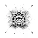 A dotwork design featuring the iconic Assassin's Creed hooded figure with an evil eye incorporated tattoo design idea