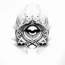 A dotwork design featuring the iconic Assassin's Creed hooded figure with an evil eye incorporated tattoo design idea