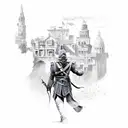 Pharmaceutical ingredients forming a scene from an Assassin's Creed game tattoo design idea