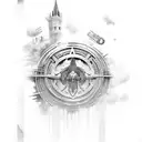 Pharmaceutical ingredients forming a scene from an Assassin's Creed game tattoo design idea