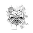 Pharmaceutical ingredients forming a scene from an Assassin's Creed game tattoo design idea