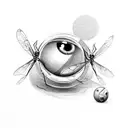A billiard ball transforming into a dragonfly with the evil eye as its core tattoo design idea