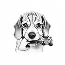 A beagle holding a PlayStation controller in its mouth tattoo design idea