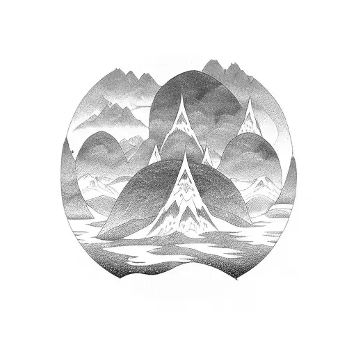 A dotwork design of a mystical anime-inspired landscape with floating islands tattoo design idea