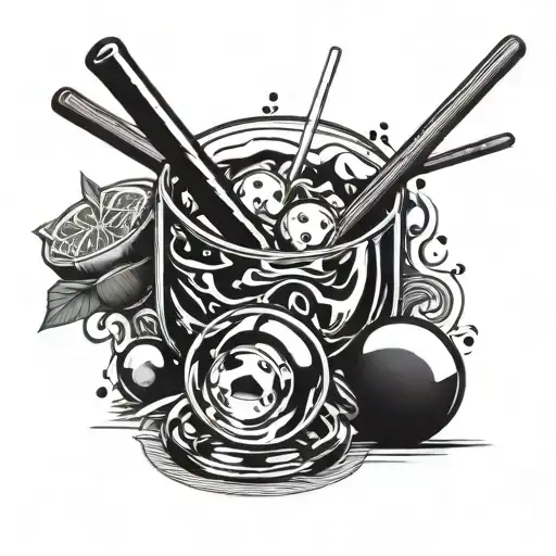 Brandy glass with ice and a pool ball inside with pool cues in the background  tattoo design idea