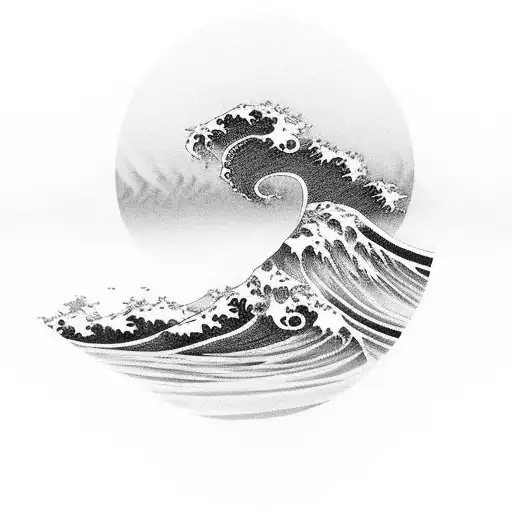 A black-grey tattoo of a Japanese wave with the word 'mortem' incorporated tattoo design idea