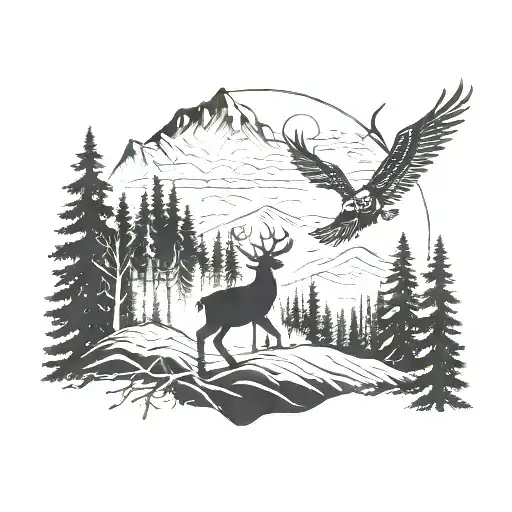 a deer with an eagle soaring in a mountainous forest setting tattoo design idea