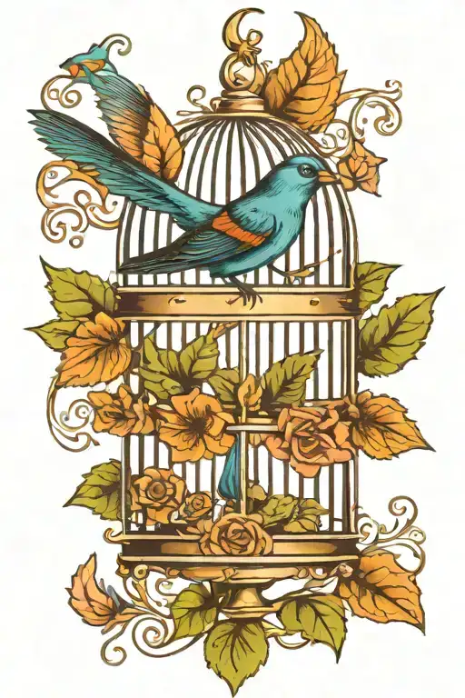 Bird cage, a bird flies nearby, the cage is covered with vines tattoo design idea