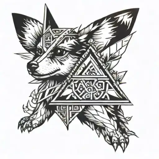A blackwork tattoo of the Triforce symbol from Zelda intertwined with a pixelated corgi fairy tattoo design idea
