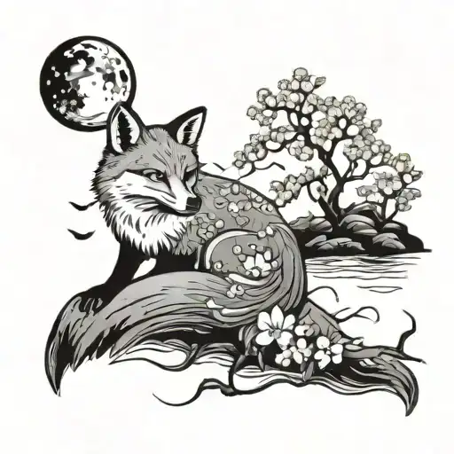 Cherry Blossom With the river and the fox and the moon tattoo design idea