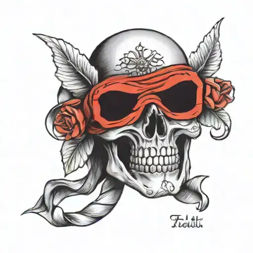 Black and white blindfolded skull, include "walk by faith, not by sight"  tattoo design idea