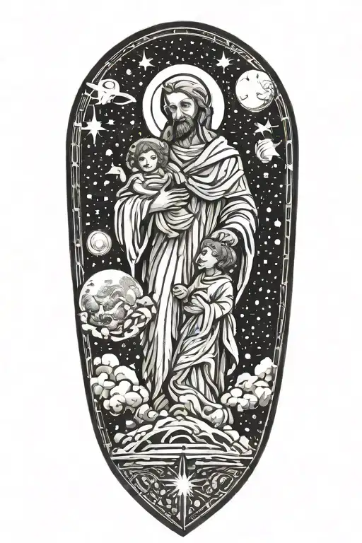 A celestial scene with Saint Joseph and Mother Mary looking down from the heavens, surrounded by stars and planets tattoo design idea