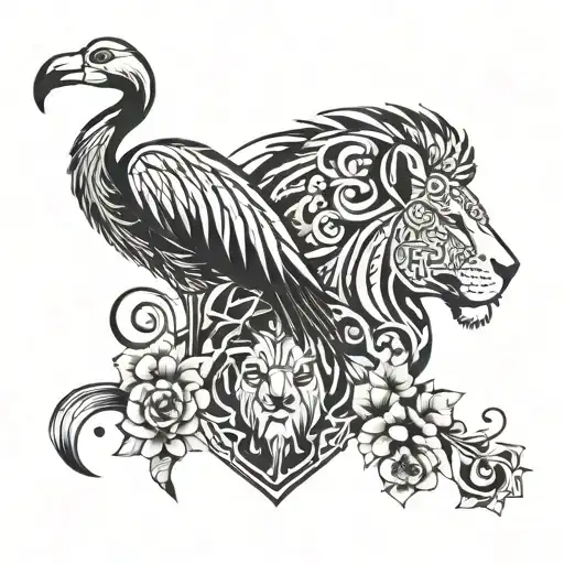 a lions head with a flamingo standing next to it with flowers around both animals  tattoo design idea