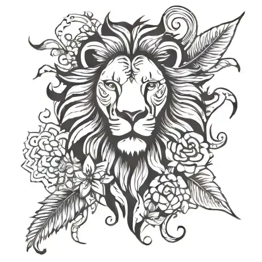 a lions head next to a flamingo. both animals are surrounded by flowers  tattoo design idea