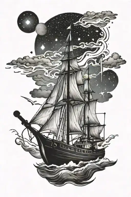 1 boat and northern lights shining tattoo design idea