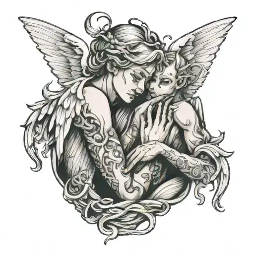 angel holding devil in a choke hold while while whispering a secret into ear tattoo design idea