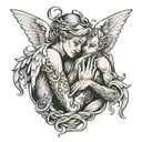 angel holding devil in a choke hold while while whispering a secret into ear tattoo design idea