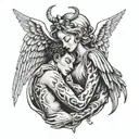 angel holding devil in a choke hold while while whispering a secret into ear tattoo design idea