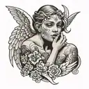 angel holding devil in a choke hold while while whispering a secret into ear tattoo design idea